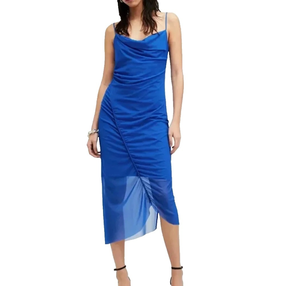 AllSaints Midi Dress Ulla Mesh Asymmetrical Sleeveless Blue NEW NWT
